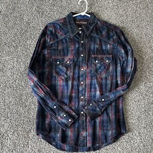 Men's Rock and Roll Cowboy Western Plaid Shirt - Navy and Red